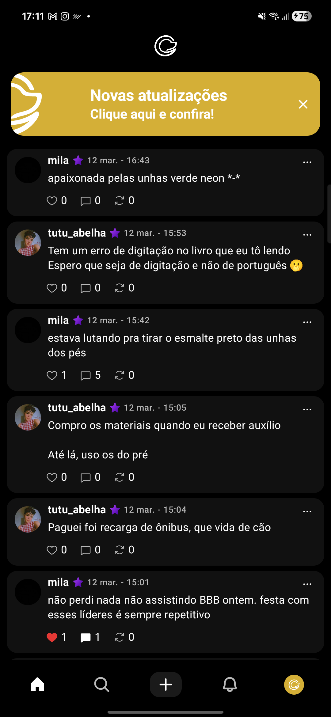 Tela do feed do app Caramelo