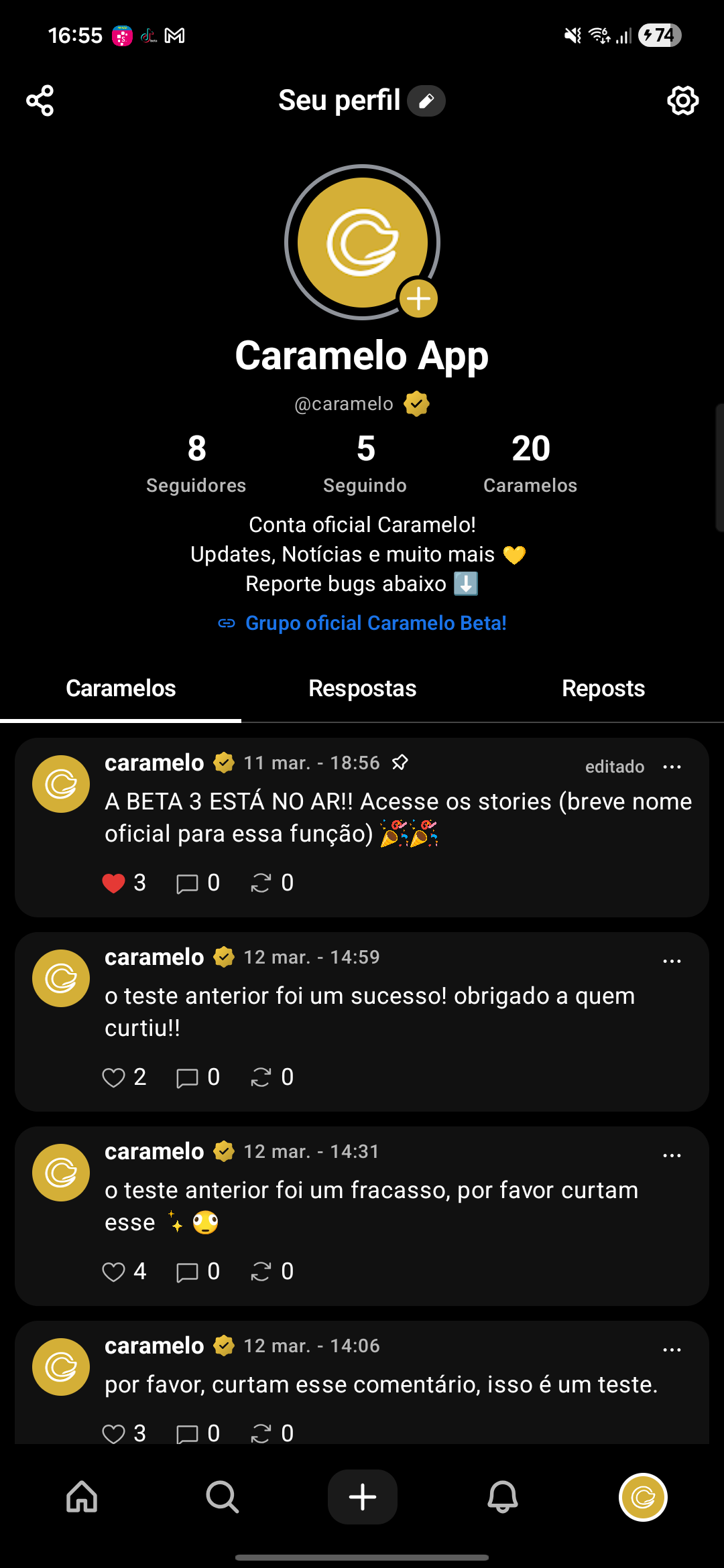 Tela de perfil do app Caramelo