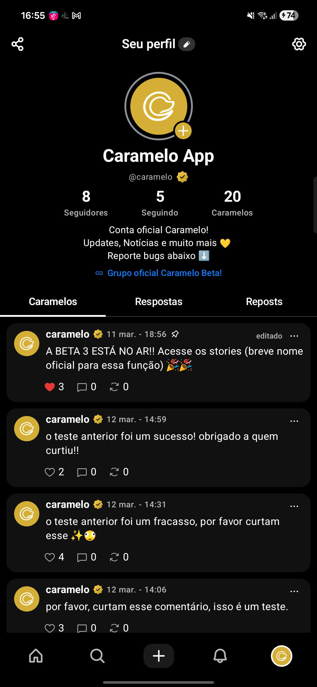 Tela de stories do app Caramelo